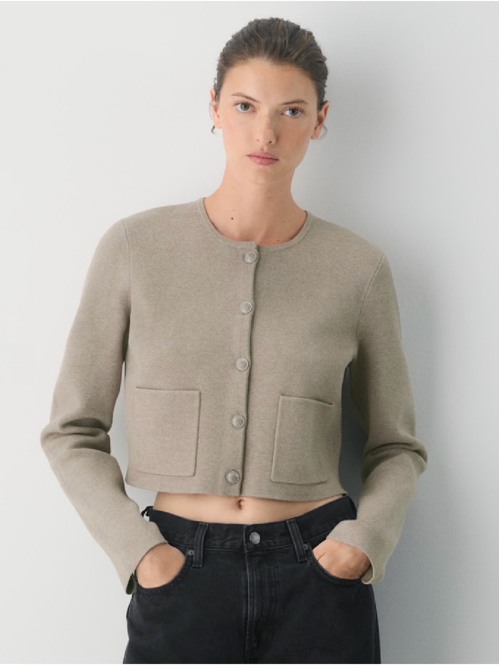 Aritzia Cropped Taupe Cardigan Sweater